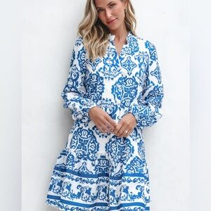 Skyblue Tribal Print Button up Notch Neck Loose Mini dress